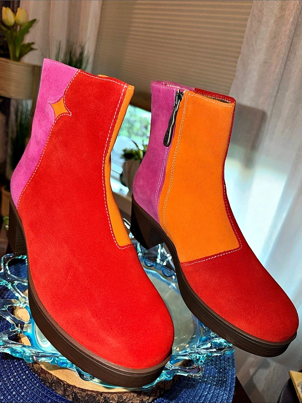 LAZO Luna Colorblock Suede Ankle Boots Pink Orange Red Women’s 7.5 NIB